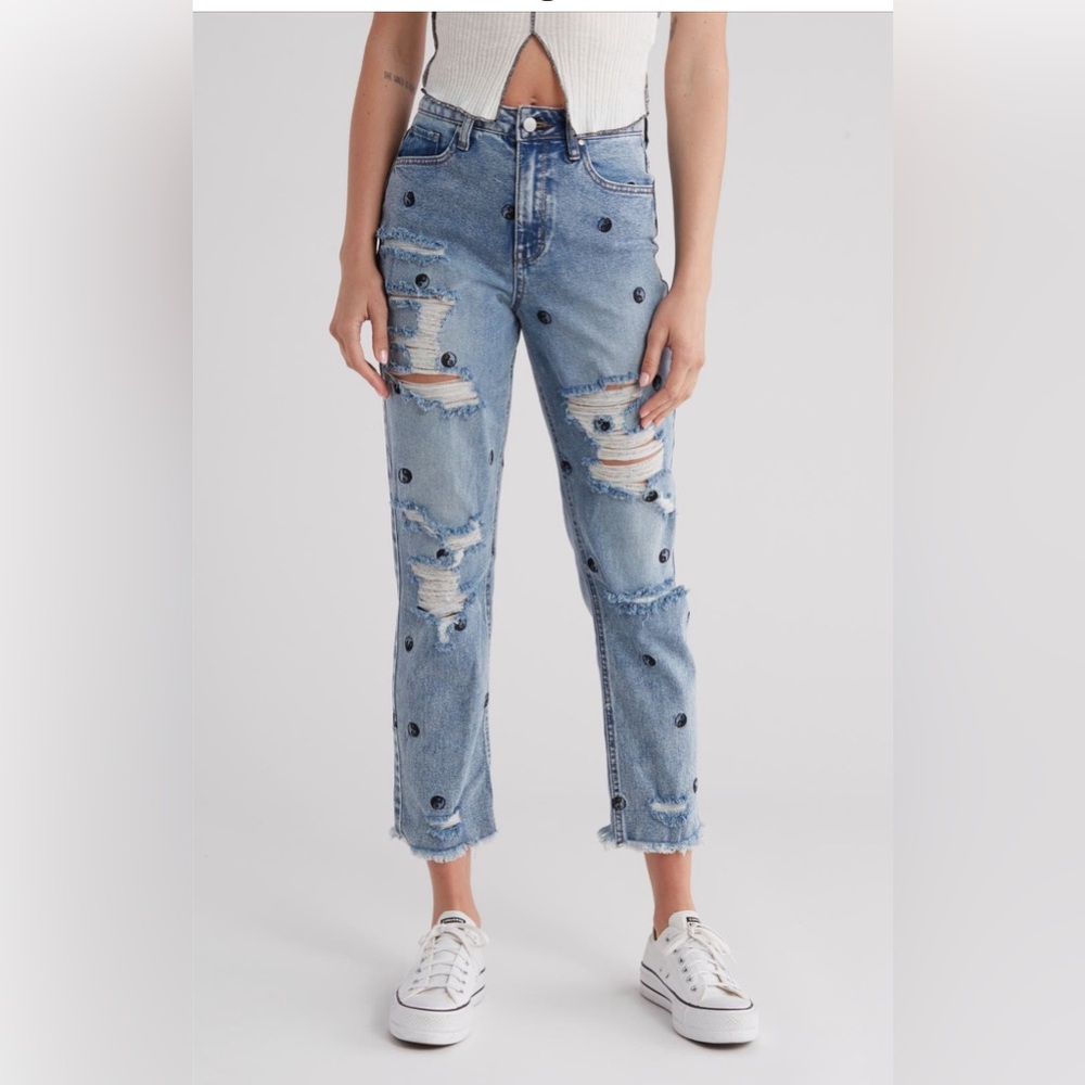 New  Tinseltown Deconstructed Fray Hem Mom Jean